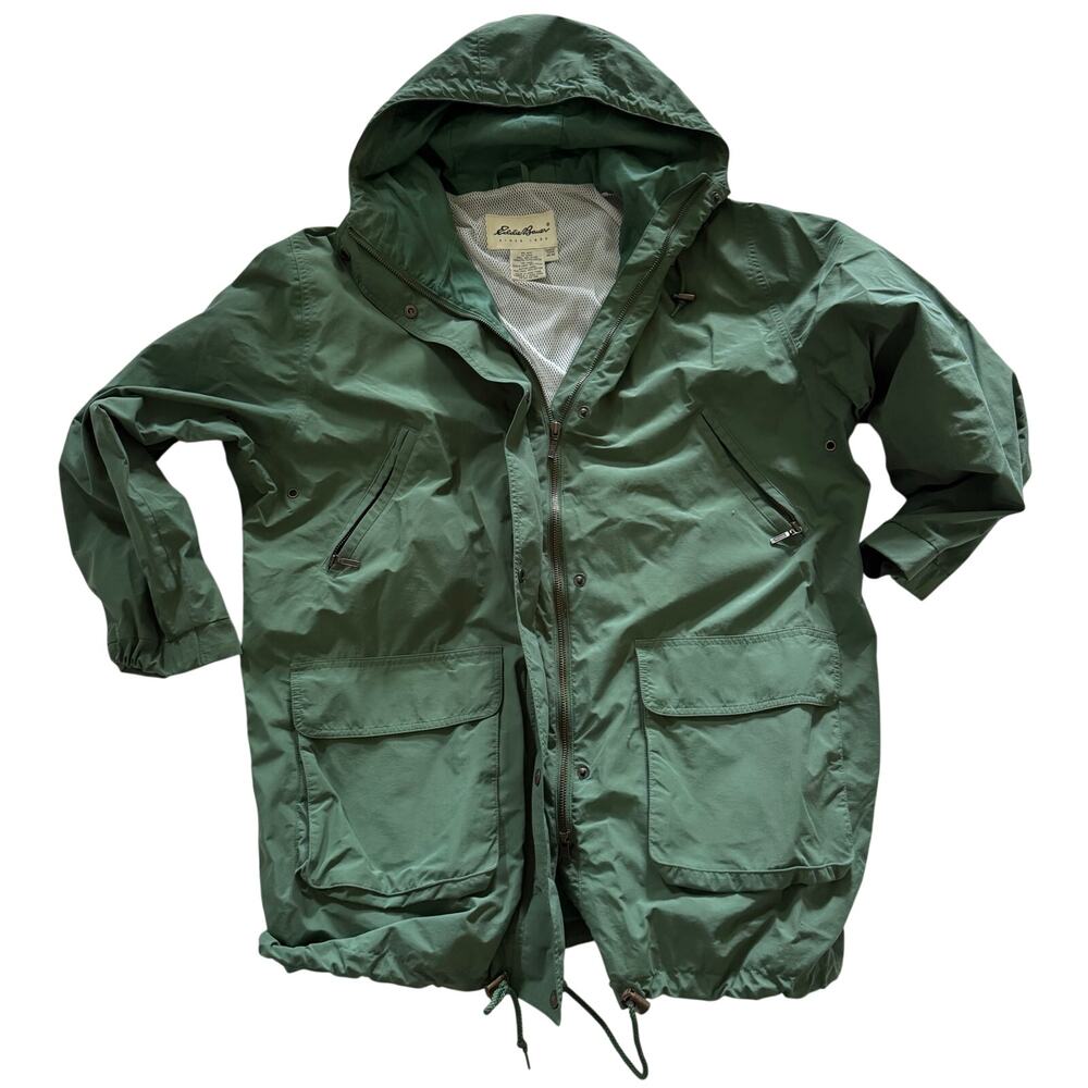 Vintage Eddie Bauer Hooded Fishermans Windbreaker Rain Jacket Green Women Medium